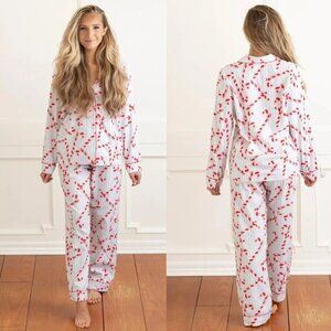 8 Oak Lane Flannel Long 100% Cotton PJ Pajama Set, Candy Cane Stripe - Size L/XL